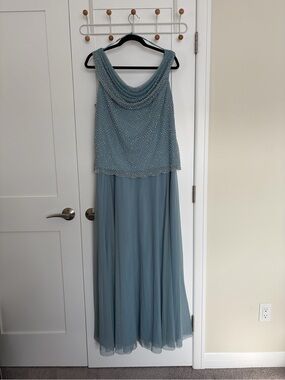 Cachet Dusty Blue Beaded Maxi Dress with Cowl Neck